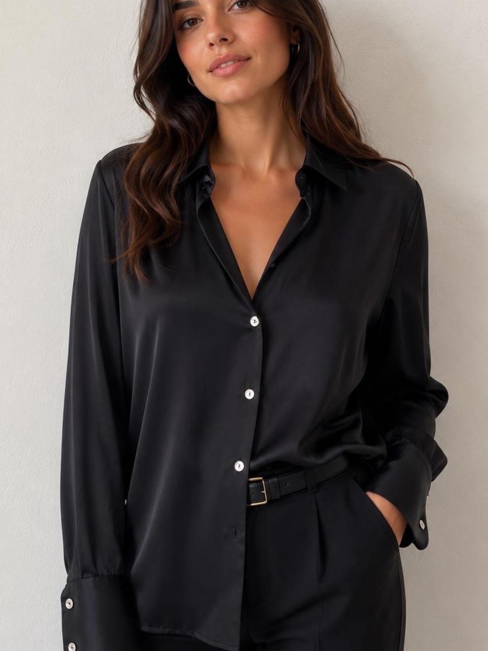 Zara black satin buttondown shirt